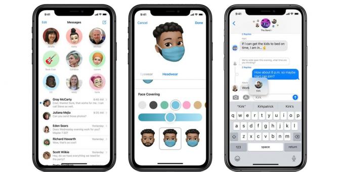 Tangkapan layar iPhone dari aplikasi Pesan Apple, dari kiri ke kanan: obrolan yang disematkan, masker wajah untuk Memoji Anda, dan sebutan dalam obrolan grup