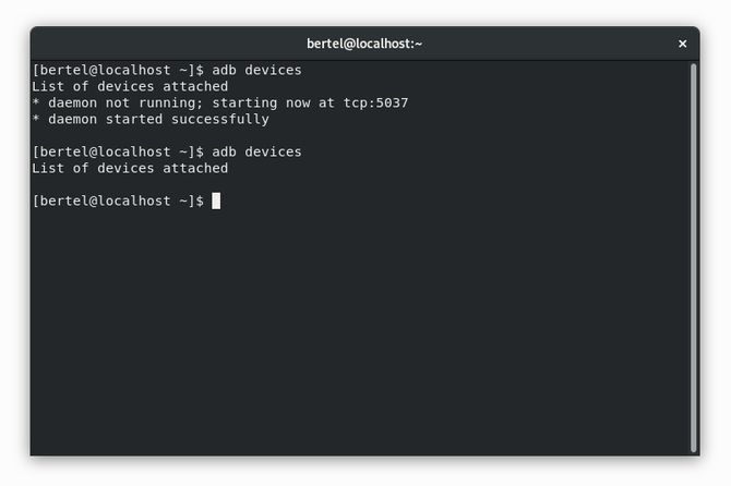 Terminal Linux menampilkan perintah "adb devices" tanpa hasil
