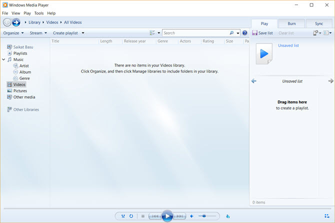 Antarmuka Windows Media Player 12