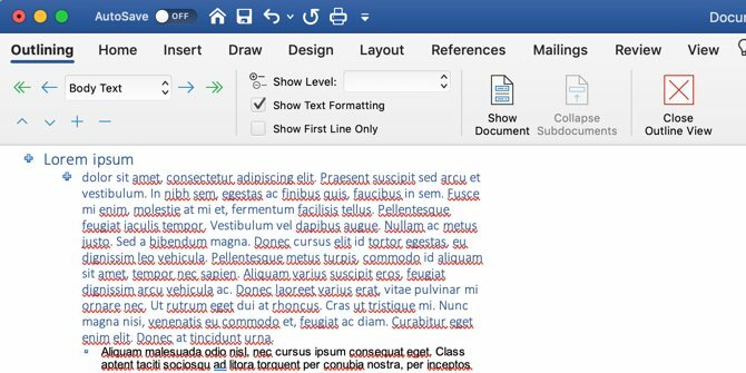 Cara menulis ebook: tampilan Microsoft Word Outline