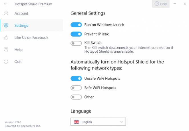 Menu pengaturan Hotspot Shield