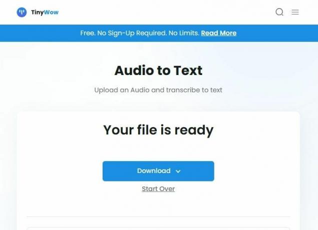 Unggah audio ke TinyWow dan transkripsikan ke teks