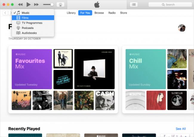 iTunes menampilkan Musik, TV, dan Podcast dengan Apple Music