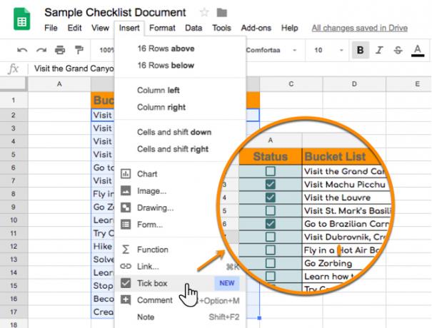 Masukkan kotak centang di Google Sheets