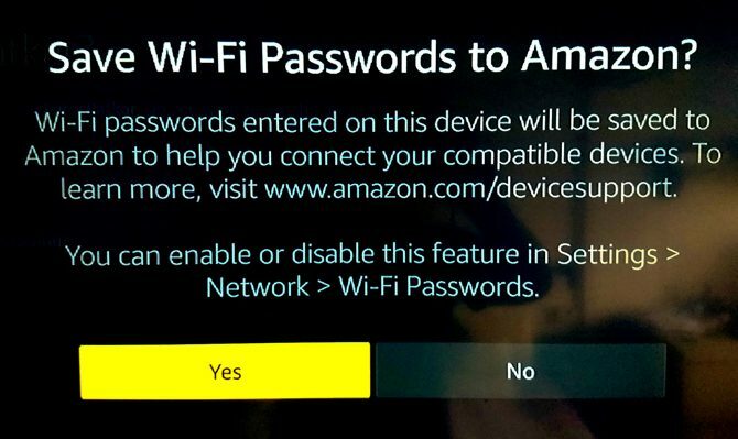 Menyiapkan Amazon Fire TV Stick: menyimpan kata sandi wi-fi ke Amazon?