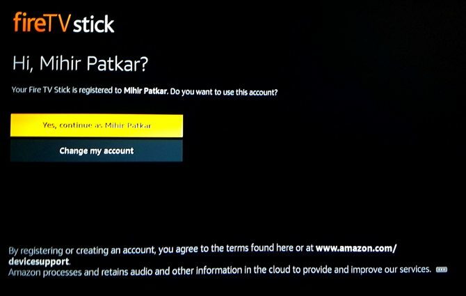 Menyiapkan Amazon Fire TV Stick: Akun Amazon dikenali