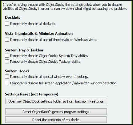 ObjectDock: Kustomisasi Desktop Anda Dengan Cepat Dan Tingkatkan Fungsionalitasnya [Windows] Pengaturan ObjectDock Opsi Pemecahan Masalah