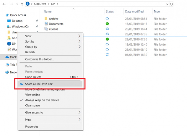 menu berbagi onedrive