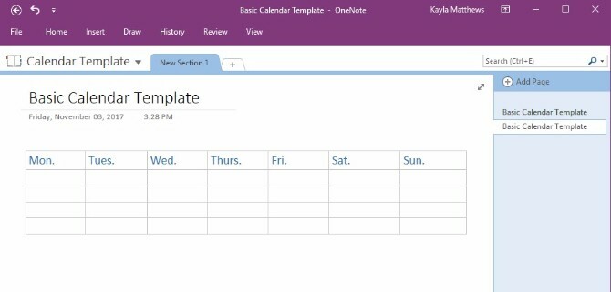 buat templat kalender onenote