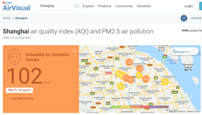 AirVisual menunjukkan indeks kualitas udara di kota mana pun serta bagian kota tertentu