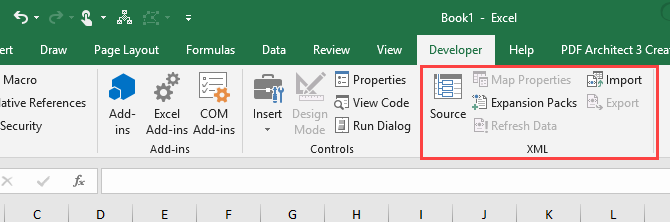 Bagian XML pada tab Pengembang di Microsoft Excel