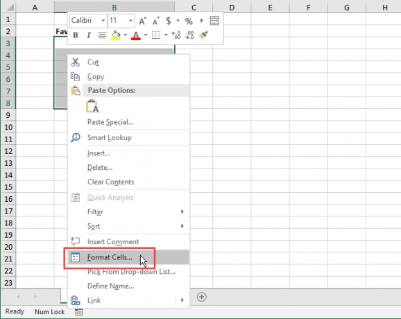 Pilih Format Sel dari menu konteks di Excel