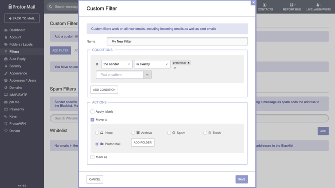 ProtonMail membuat filter khusus