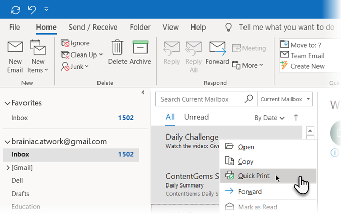 Klik kanan dan pilih Cetak Cepat dari menu di Microsoft Outlook 