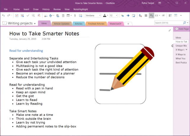 menguraikan dalam OneNote 2016