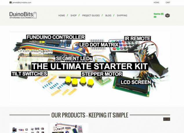 Situs WooCommerce saya - DuinoBits.com, dengan starter kit Arduino dan sensor. 
