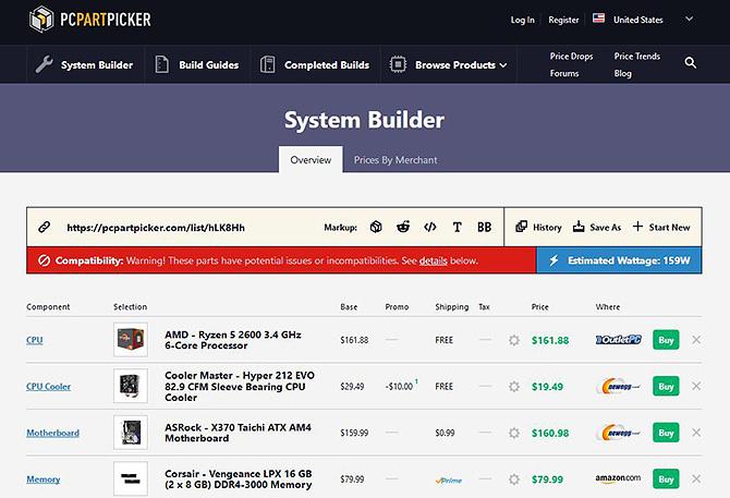 Menggunakan PC Part Picker - ketidakcocokan