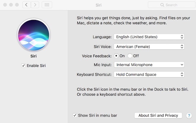 Pengaturan Siri pada macOS Sierra