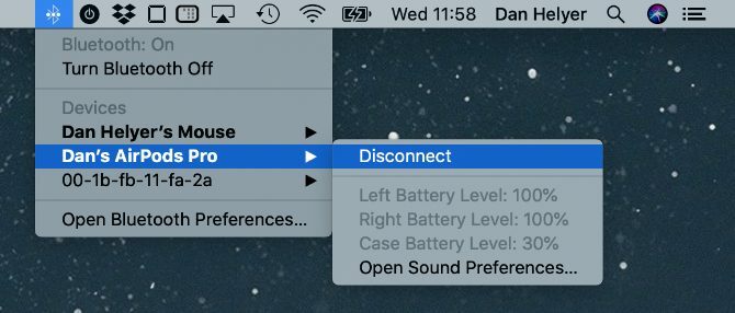Level baterai AirPods dalam menu Bluetooth macOS