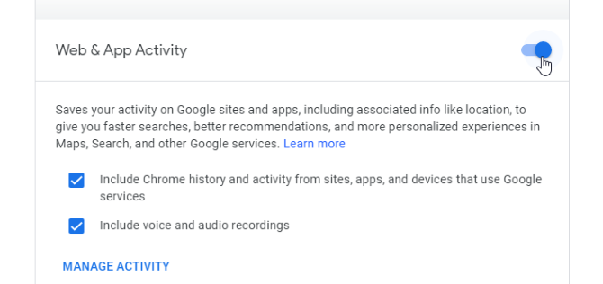 Menonaktifkan pelacakan aplikasi web di Google Activities