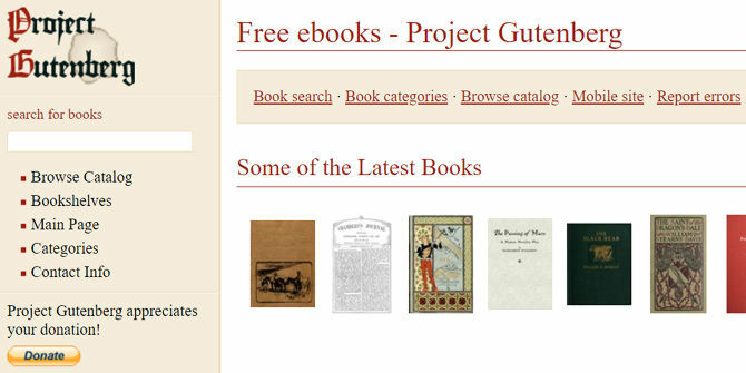 Tangkapan layar ini menggambarkan menu utama gratis penyimpanan Project Gutenberg ebook