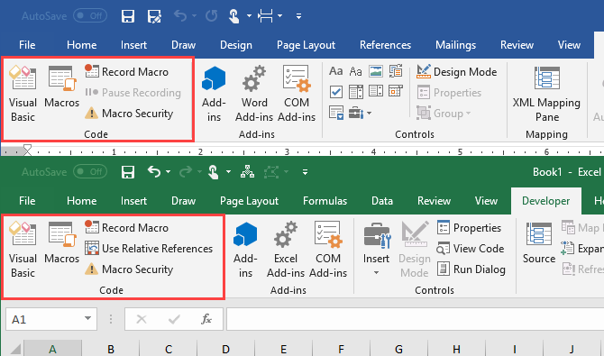 Bagian kode pada tab Pengembang di Microsoft Word dan Microsoft Excel