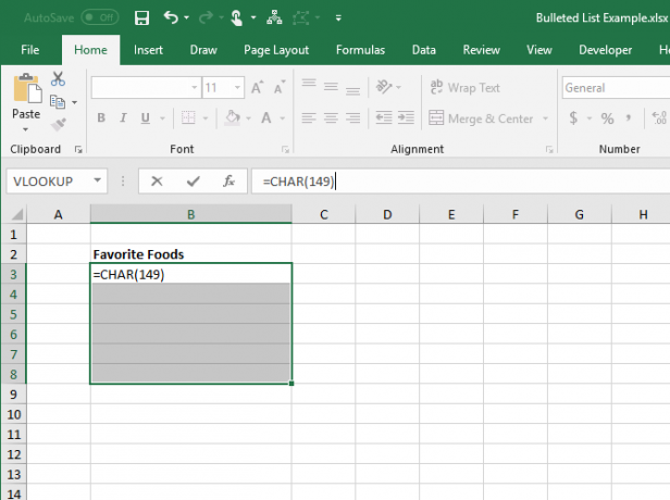 Masukkan fungsi CHAR untuk peluru di sel di Excel