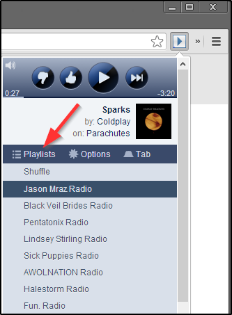 SoundControl Beta untuk Pandora - Dropdown dengan Daftar Putar