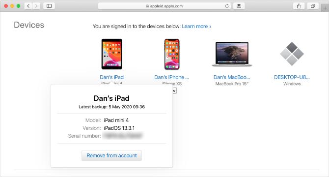 Situs web ID Apple dengan nomor seri iPad