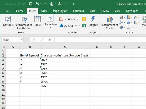 Simbol peluru dan kode karakter dalam hex di Excel