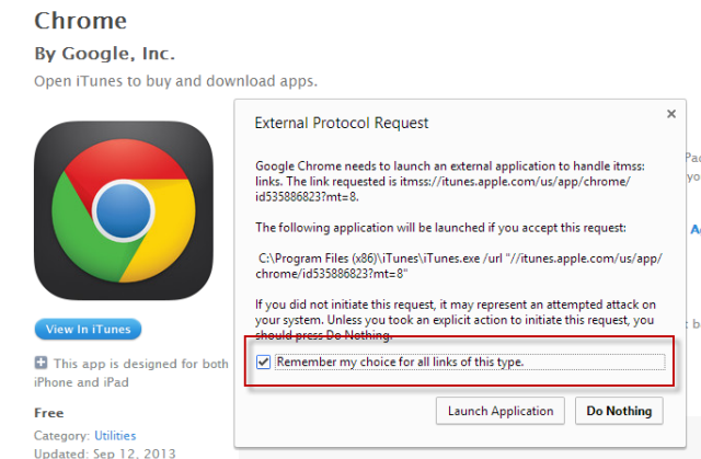 Cara Memaksa Chrome Untuk Membuka Tautan iTunes Store Di iTunes Desktop App externalprotocolrequest