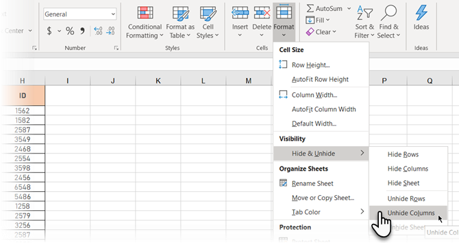 Perlihatkan Kolom dari Pita di Excel