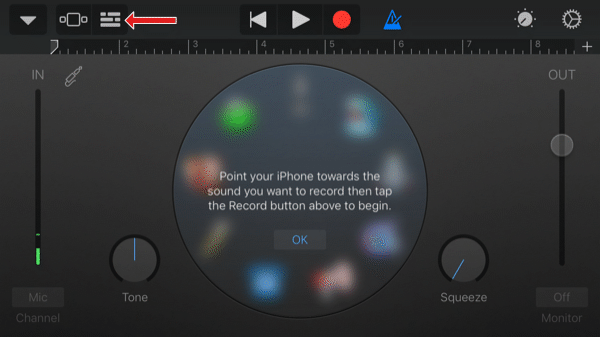 Layar perekam audio app GarageBand