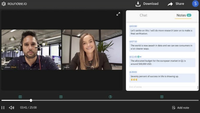 Roundee merekam panggilan konferensi video dan memungkinkan Anda menambahkan catatan cap waktu untuk menit rapat