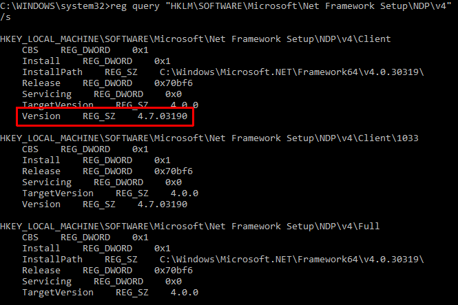 Command prompt .NET framework versi