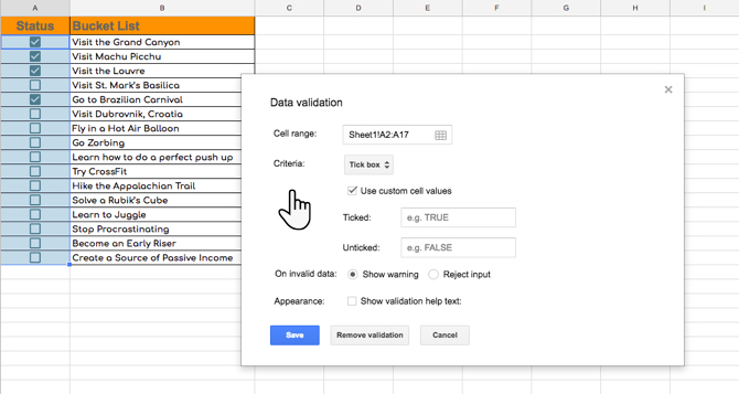 Validasi kotak centang di Google Sheets dengan Nilai Khusus