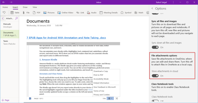 lampiran cloud di OneNote untuk Windows 10