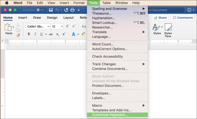 Kustomisasi opsi keyboard dari menu di MS Word pada Mac