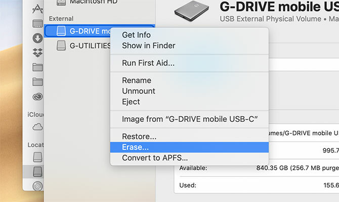 Memulai proses format untuk drive eksternal pada macOS