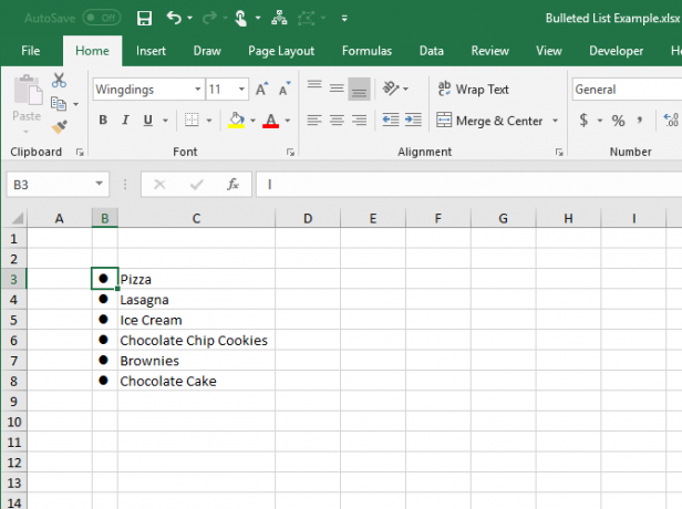 Buat daftar berpoin di Excel menggunakan font Wingdings