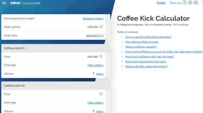 Coffee Kick oleh Omnicalculator memberi tahu Anda kapan Anda akan paling waspada berdasarkan asupan kopi dan jadwal tidur