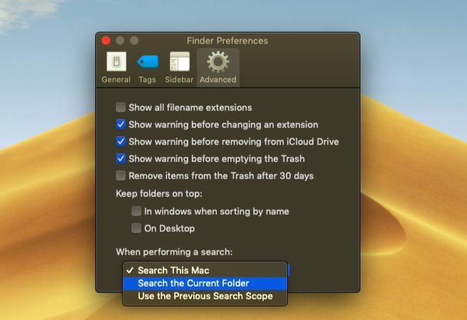 Mengatur opsi pencarian khusus di macOS Finder