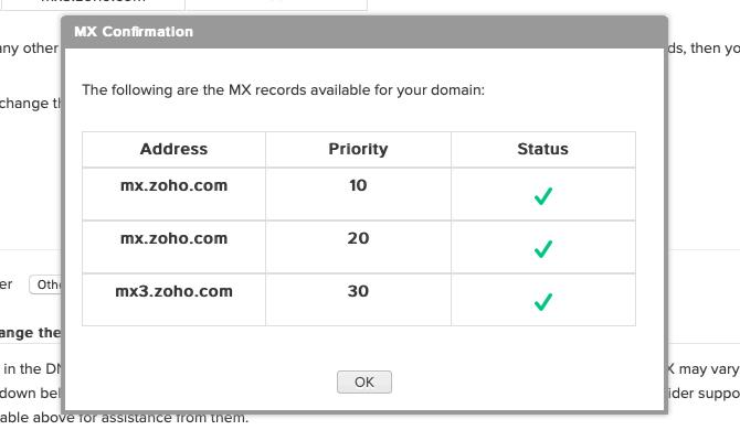 konfirmasi catatan MX di Zoho Control Panel