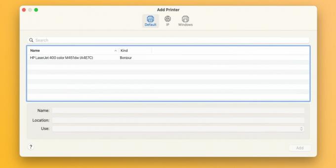 Dialog Tambahkan Printer di Pengaturan Sistem macOS Sonoma