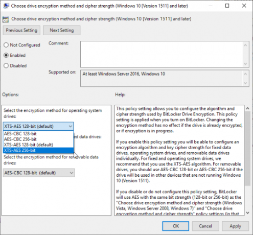 bitlocker memilih enkripsi 256 bit aes