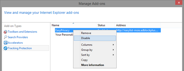 8.2 IE mengelola add-on - Perlindungan pelacakan