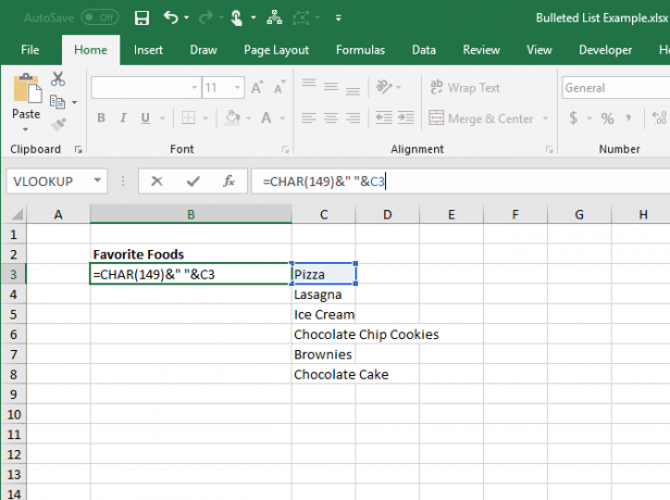 Buat daftar berpoin dari item di kolom lain di Excel