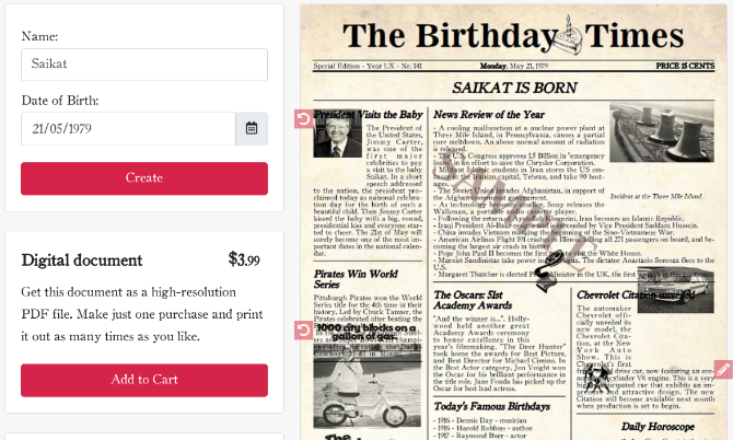 Buat koran palsu dari tanggal lahir Anda di The Birthday Times