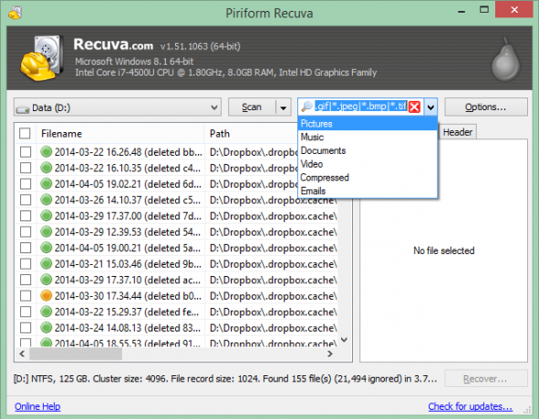 Ini adalah tangkapan layar dari salah satu program Windows terbaik untuk memulihkan file yang dihapus. Ini disebut Piriform Recuva.