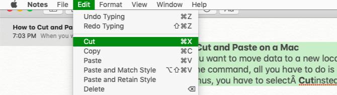 Opsi potong di menu Edit pada Mac